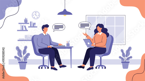 Professional man and woman engaged in a business discussion or interview at a desk, with speech bubbles indicating active communication in a modern office.