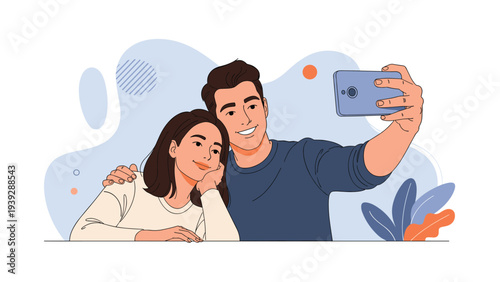 Happy young couple smiling and taking a joyful selfie together with a smartphone, capturing a moment of shared happiness and connection.