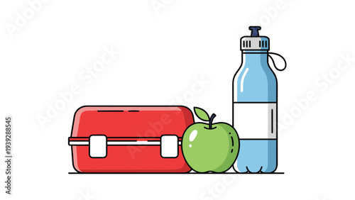 Simple yet essential healthy lunch elements: a red lunchbox, a fresh green apple, and a blue reusable water bottle, promoting a nutritious meal.