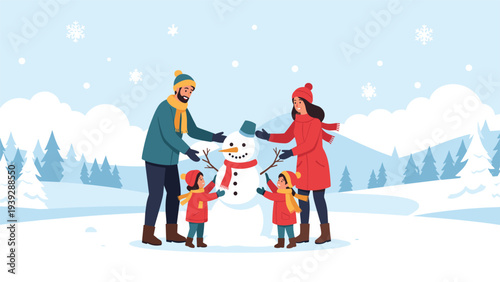 Happy family, including parents and two children, joyfully building a snowman together in a snowy winter landscape, symbolizing festive togetherness.