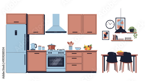 Contemporary kitchen interior with blue and brown cabinets, modern appliances, and an adjacent dining area with a table and chairs, depicting a stylish home.