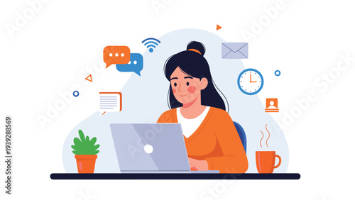Young smiling woman efficiently working at her laptop, surrounded by various communication and productivity icons, highlighting multitasking.