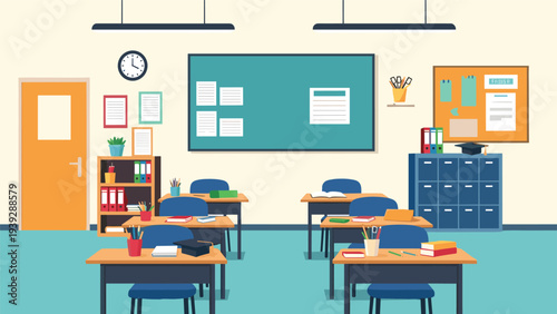 Bright and inviting empty school classroom featuring desks, chairs, a large chalkboard, and educational materials, ready for students to learn.