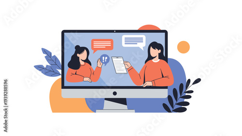 Two women engaging in an online video call meeting on a desktop computer, with chat bubbles representing remote communication and collaboration.