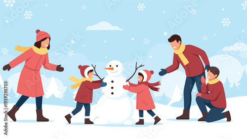 Joyful family, including parents and three children, happily building a snowman together in a snowy winter landscape, symbolizing festive togetherness.