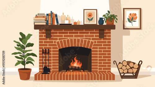Warm and inviting brick fireplace with a roaring fire, decorated with books, candles, and framed pictures, creating a cozy and homely atmosphere.