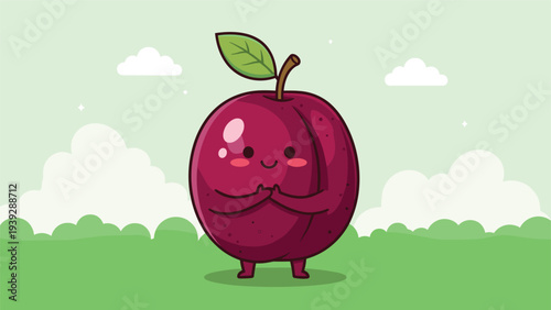 Adorable cartoon plum character with a friendly smiling face and a green leaf, standing happily, symbolizing healthy and cheerful fruit.