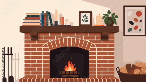 Warm and inviting brick fireplace with a roaring fire, beautifully decorated with books, candles, and framed pictures, creating a cozy and homely atmosphere.