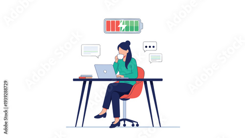 Tired woman working on her laptop at a desk, drinking coffee with a low battery icon above her head, symbolizing exhaustion and need for a break.