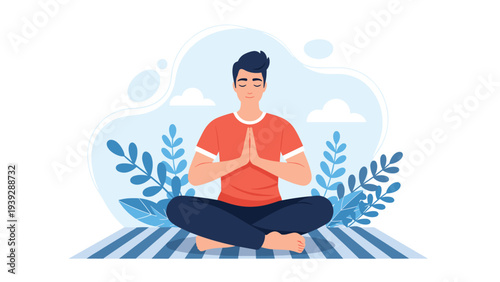 Peaceful young man sitting in a lotus position with closed eyes, meditating amidst stylized blue leaves, symbolizing mindfulness, calm, and inner peace.