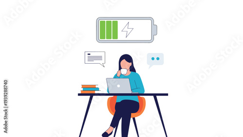 Energetic woman working on her laptop at a desk, drinking coffee with a full battery icon above her head, symbolizing high productivity and focus.