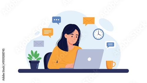Young smiling woman diligently working on her laptop, surrounded by various communication and productivity icons, highlighting multitasking.