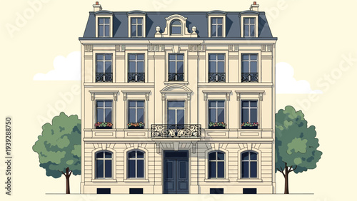 Detailed illustration of a classic European apartment building featuring multiple floors, ornate windows, and intricate architectural details, flanked by two green trees.
