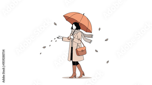 Elegant woman holding an open umbrella and walking as autumn leaves fall around her, depicting a stylish and contemplative seasonal scene.