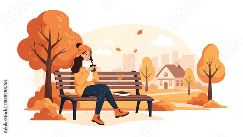 Woman sits peacefully on a park bench, enjoying a warm drink from a mug, surrounded by colorful autumn trees and a distant charming house.