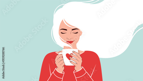 Smiling woman with long white hair closing her eyes peacefully, holding a warm mug with a heart design, savoring a moment of cozy comfort.
