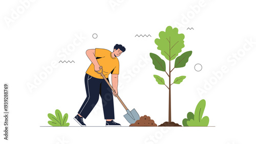 Dedicated man diligently planting a small tree with a shovel, surrounded by green bushes, symbolizing environmental conservation, growth, and reforestation.