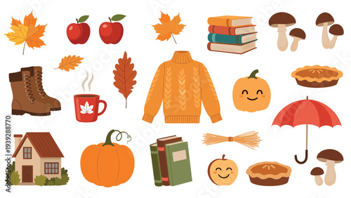 Comprehensive collection of diverse autumn elements, including colorful leaves, fresh apples, a cozy sweater, pumpkins, warm drinks, and delicious pies, embodying the fall season.
