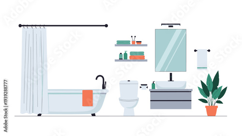 Clean modern bathroom interior featuring a stylish bathtub, toilet, sink vanity with a mirror, and a vibrant potted plant, promoting relaxation and hygiene.