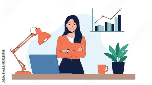 Confident woman with crossed arms sits at a desk with a laptop, lamp, mug, and plant, against a background of a bar chart showing an upward trend.