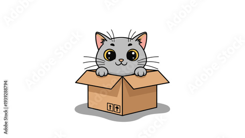 Adorable cartoon grey cat with big, expressive eyes charmingly peeks out from inside a cardboard box, embodying playfulness.