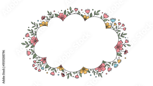 Charming cloud-shaped frame beautifully adorned with an array of small colorful flowers and lush green leaves, perfect for spring designs.