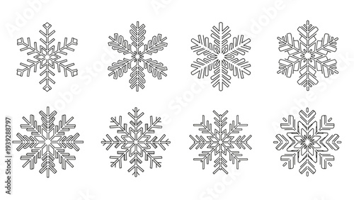 Collection of eight unique and intricate outline illustrations depicting various snowflake designs, perfect for winter and holiday themes.