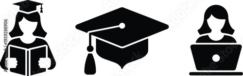 Graduation Cap and Students with Laptop and Book