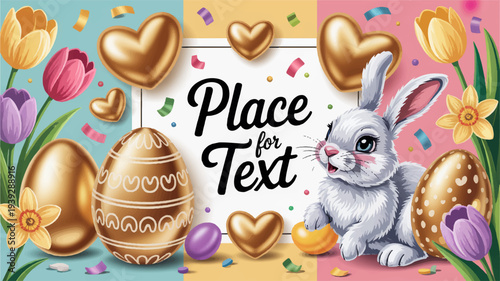 Vibrant easter gift card template with bunny eggs hearts and flowers for springtime celebrations and promotions