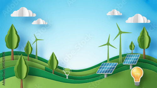 Eco friendly renewable energy sources on a green hill with wind turbines solar panels and a lightbulb symbolizing sustainability and environmental conservation on earth day