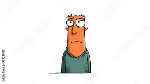 Sad cartoon human with orange skin and green shirt
