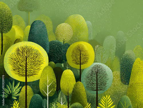 Wallpaper Mural Stylized Green and Yellow Forest Landscape Illustration with Diverse Trees Torontodigital.ca