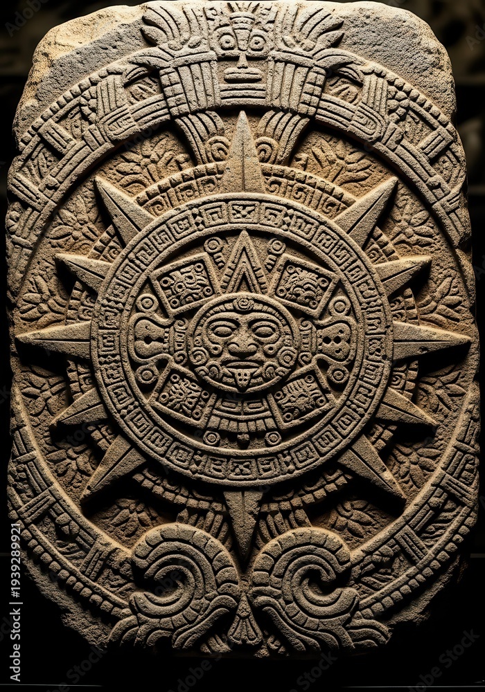 Obraz premium Ancient carved stone artifact displays intricate circular glyphs and a central solar face representation