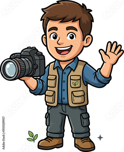 Professional photographer holding camera flat vector illustration, photography hobby and creative profession cartoon character isolated on white background