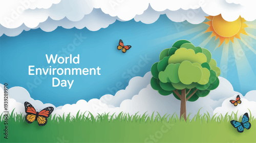 World environment day illustration with tree butterflies and sunny sky