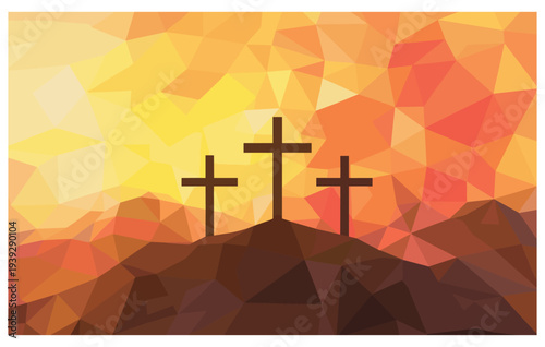 Crosses on a polygonal hill at sunset religion.