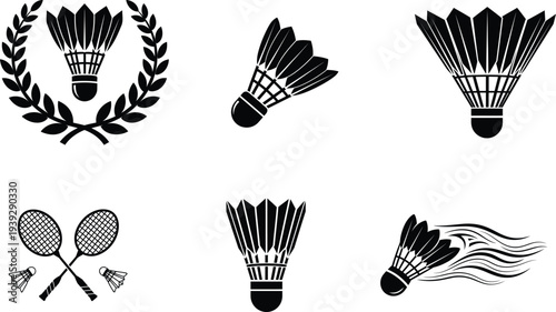 Badminton rackets and shuttlecocks in various designs and positions