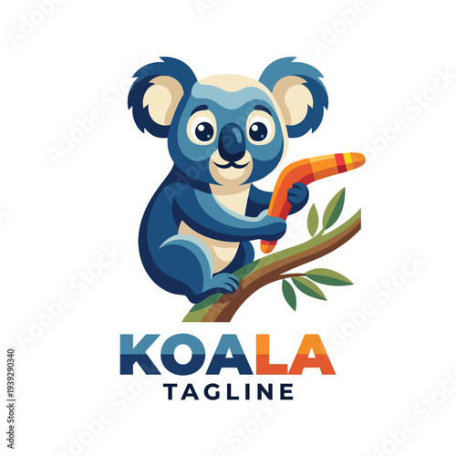A cartoonish koala character joyfully interacts with a boomerang while perched on a tree branch, representing playful nature and wildlife conservation themes in a fun style.