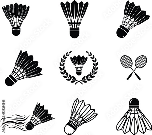 Badminton shuttlecock and racket icons on white background