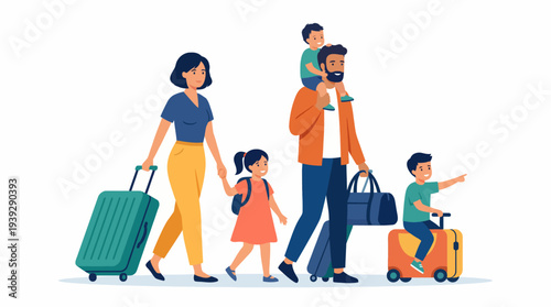 This image captures a joyful family traveling with luggage and children, reflecting togetherness, excitement, and the joy of family adventures and shared experiences.