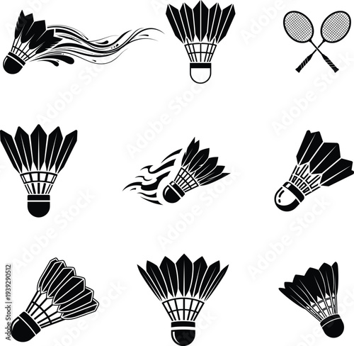 Badminton shuttlecock and racket icons in various flying positions and styles for sports design