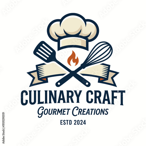 A wonderful logo showcasing a chef's hat, cooking tools, and flames, symbolizing gourmet culinary expertise, ideal for creative cooking brands looking to attract food enthusiasts.