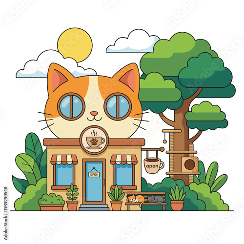 An adorable illustration of a cat-themed café, featuring a giant cat face and a cozy atmosphere with trees, ideal for cat lovers and coffee enthusiasts.
