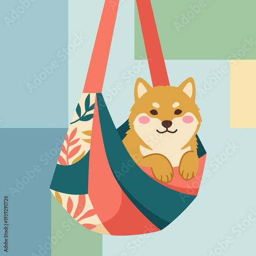 An adorable illustration of a dog comfortably nestled in a sling bag, highlighting the bond between pets and their owners while representing comfort and care.