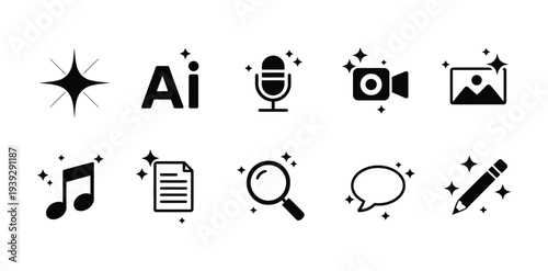 Set of sparkling black vector icons representing creative tools, media, and digital content with a magical touch.