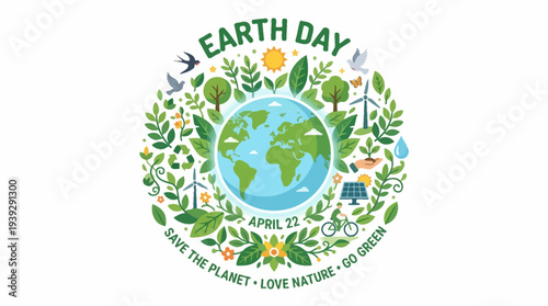 Earth Day logo with globe and leaves.