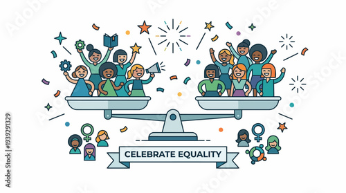 Diverse people celebrating on scales.