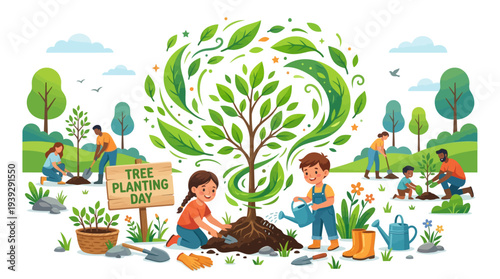 Children planting a tree together outside.