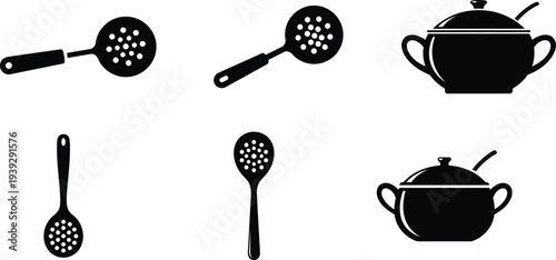 Kitchen utensils and cookware silhouettes on white background