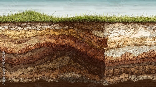 Detailed cross-section of earth soil profile with grassy top layer